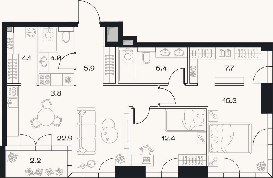 Планировка: 3-к, 83,5 м²