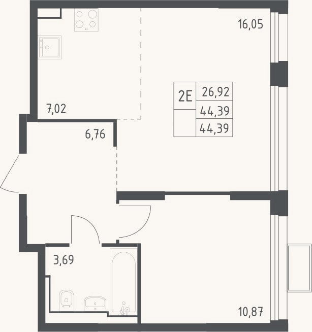 Планировка: 2-к, 44,4 м²