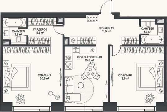 Планировка: 3-к, 79,4 м²