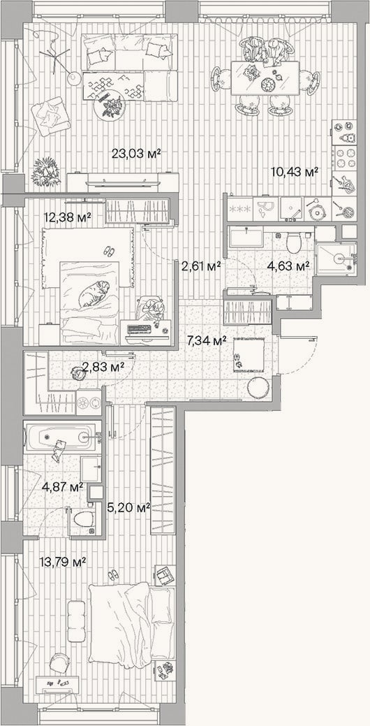 Планировка: 3-к, 87,1 м²