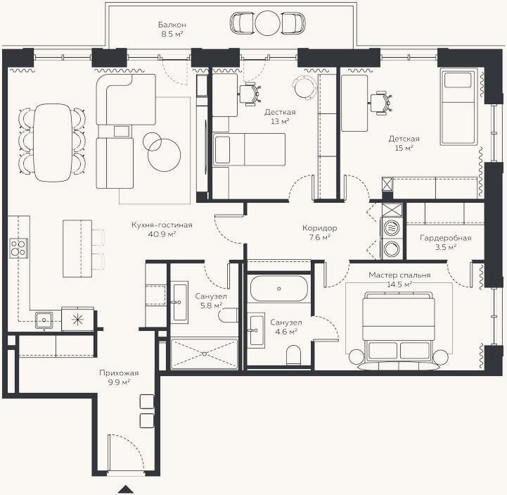 Планировка: 4+ к, 126,8 м²