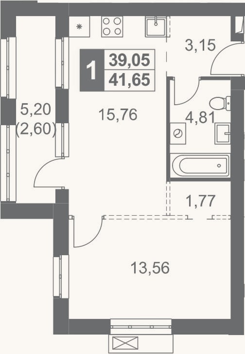 Планировка: 1-к, 39,1 м²