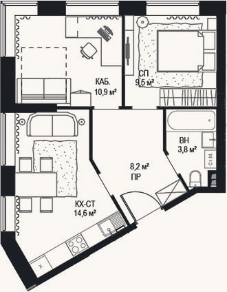 Планировка: 2-к, 48,4 м²