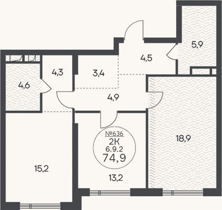 Планировка: 2-к, 74,9 м²
