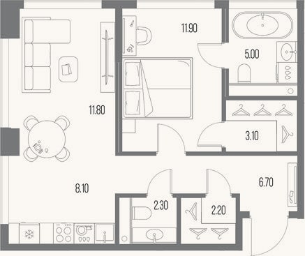 Планировка: 1-к, 51,1 м²