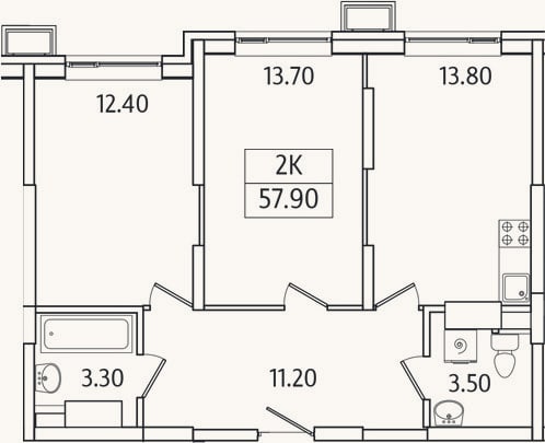 Планировка: 2-к, 57,9 м²