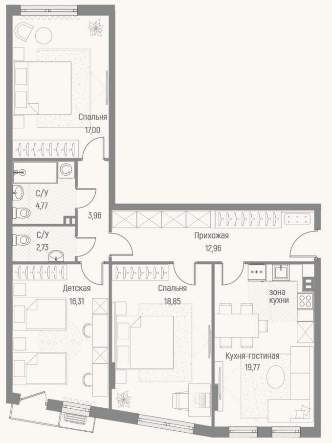 Планировка: 3-к, 96,4 м²