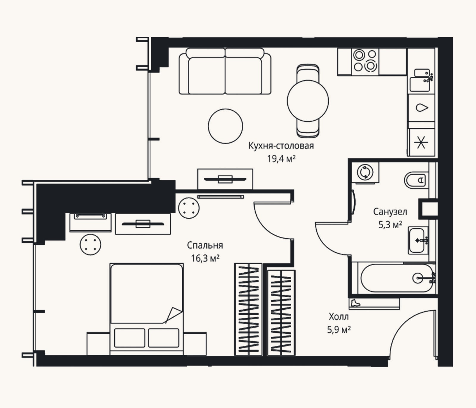 Планировка: 2-к, 46,9 м²