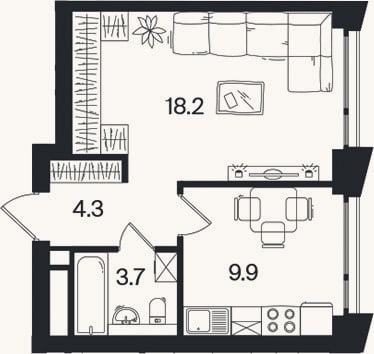 Планировка: 1-к, 36,1 м²