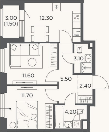 Планировка: 2-к, 51 м²