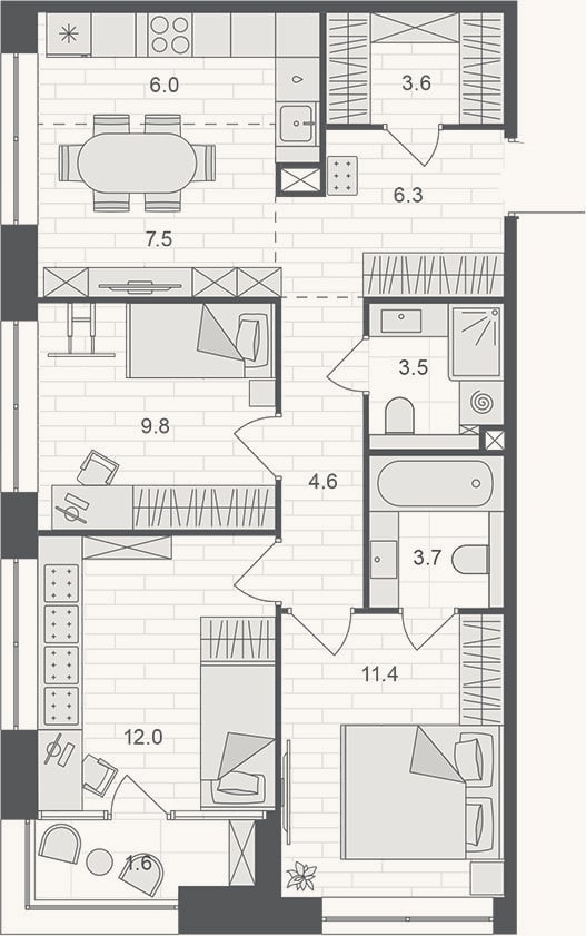 Планировка: 4+ к, 67,6 м²