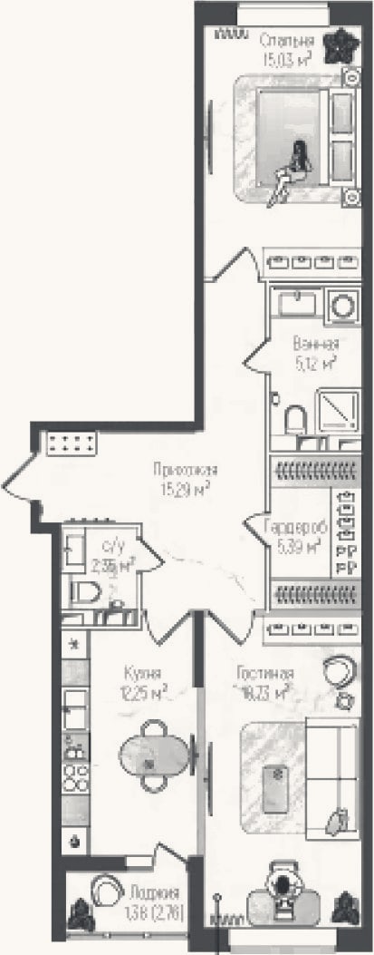 Планировка: 2-к, 74,2 м²