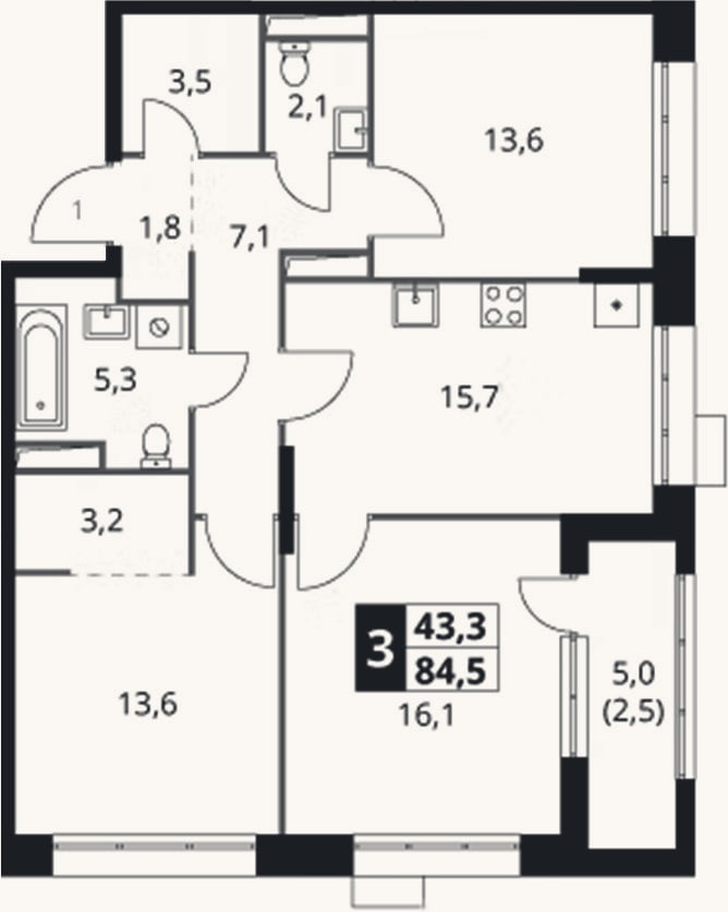 Планировка: 3-к, 82 м²