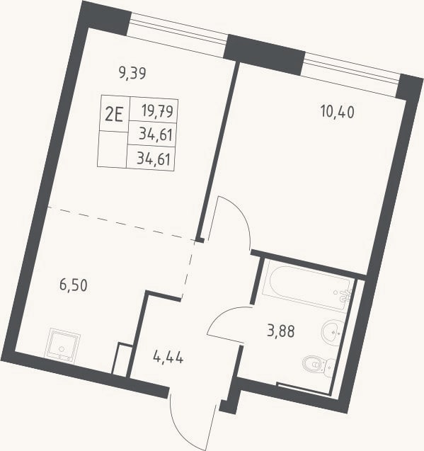 Планировка: 2-к, 34,6 м²