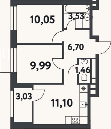 Планировка: 2-к, 42,8 м²