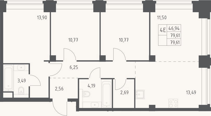 Планировка: 4+ к, 79,6 м²