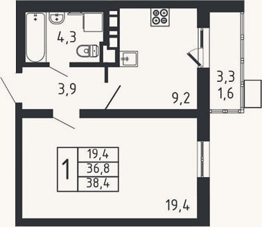 Планировка: 1-к, 36,8 м²