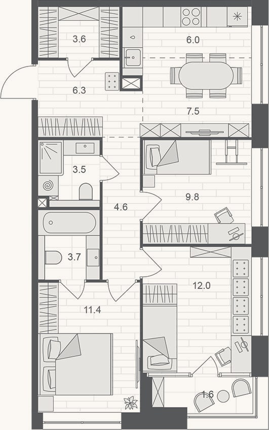 Планировка: 4+ к, 68,4 м²