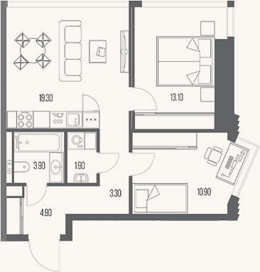 Планировка: 2-к, 57,3 м²