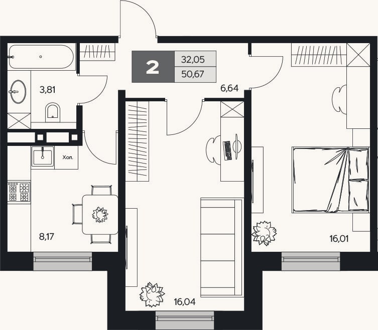Планировка: 2-к, 50,7 м²