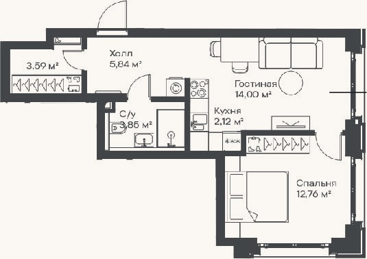 Планировка: 2-к, 42,2 м²
