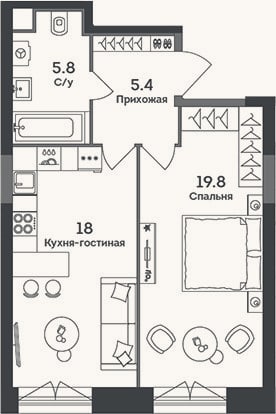Планировка: 2-к, 49 м²
