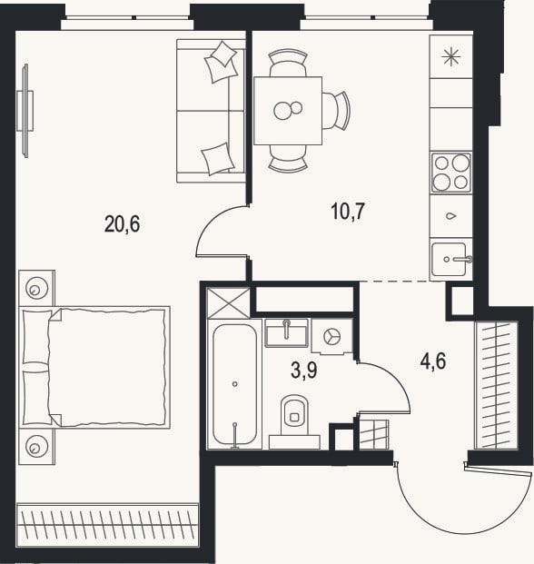 Планировка: 1-к, 39,8 м²
