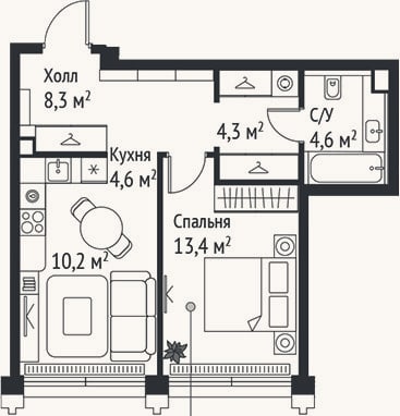 Планировка: 2-к, 45,4 м²