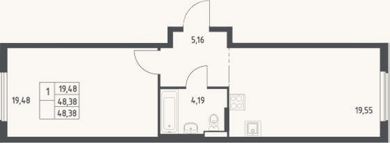 Планировка: 2-к, 48,4 м²