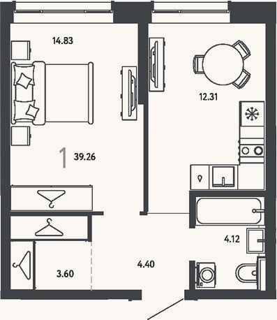 Планировка: 1-к, 39,3 м²