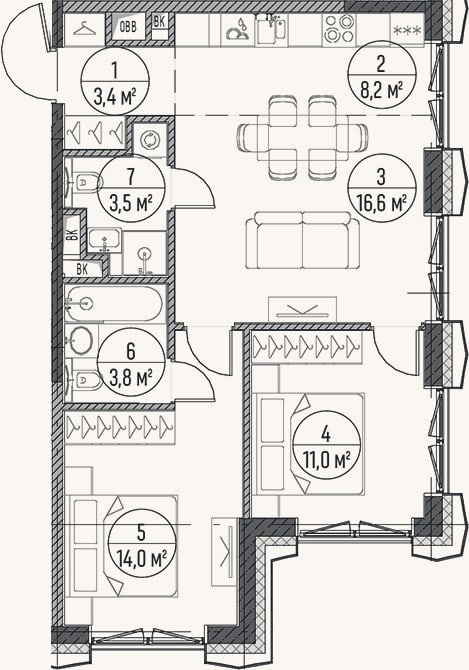 Планировка: 3-к, 60,5 м²