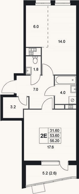 Планировка: 2-к, 53,8 м²