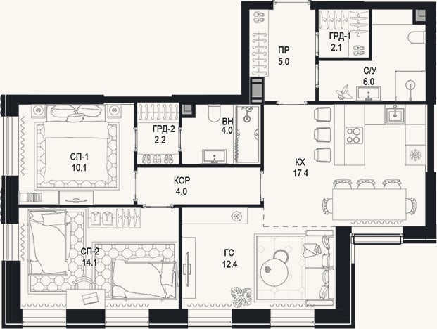 Планировка: 3-к, 77,3 м²