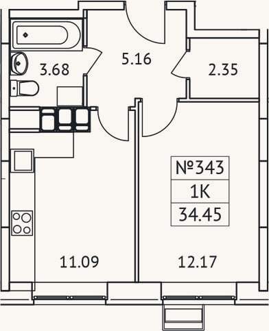 Планировка: 1-к, 34,5 м²