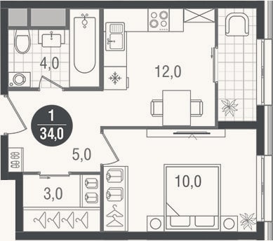 Планировка: 1-к, 34 м²
