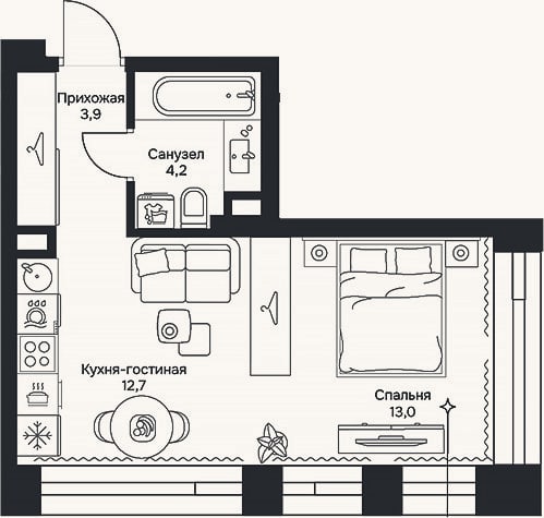 Планировка: Студия, 33,8 м²