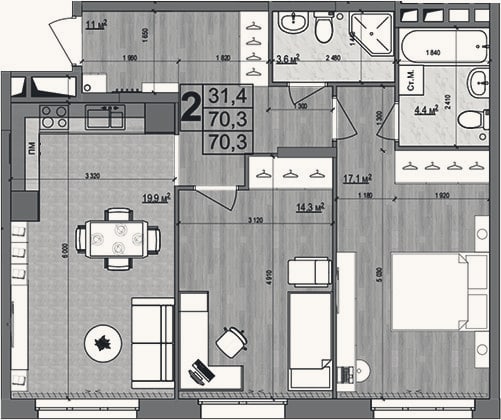 Планировка: 3-к, 70,3 м²