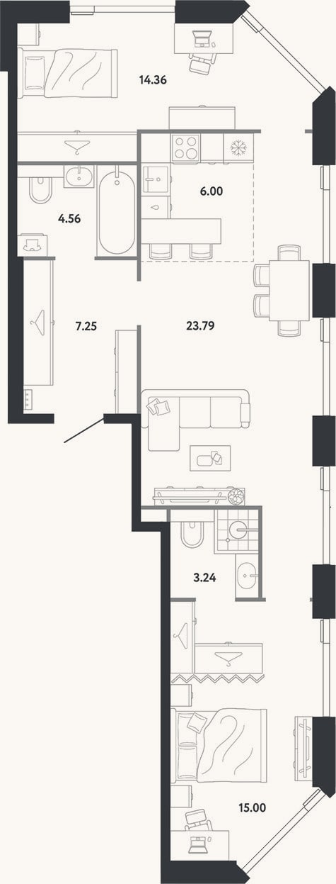 Планировка: 2-к, 74,2 м²