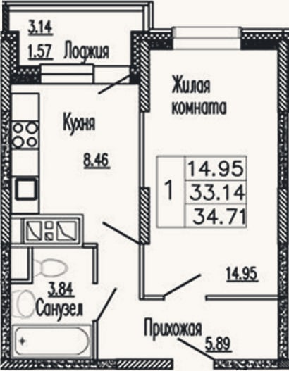 Планировка: 1-к, 33,1 м²