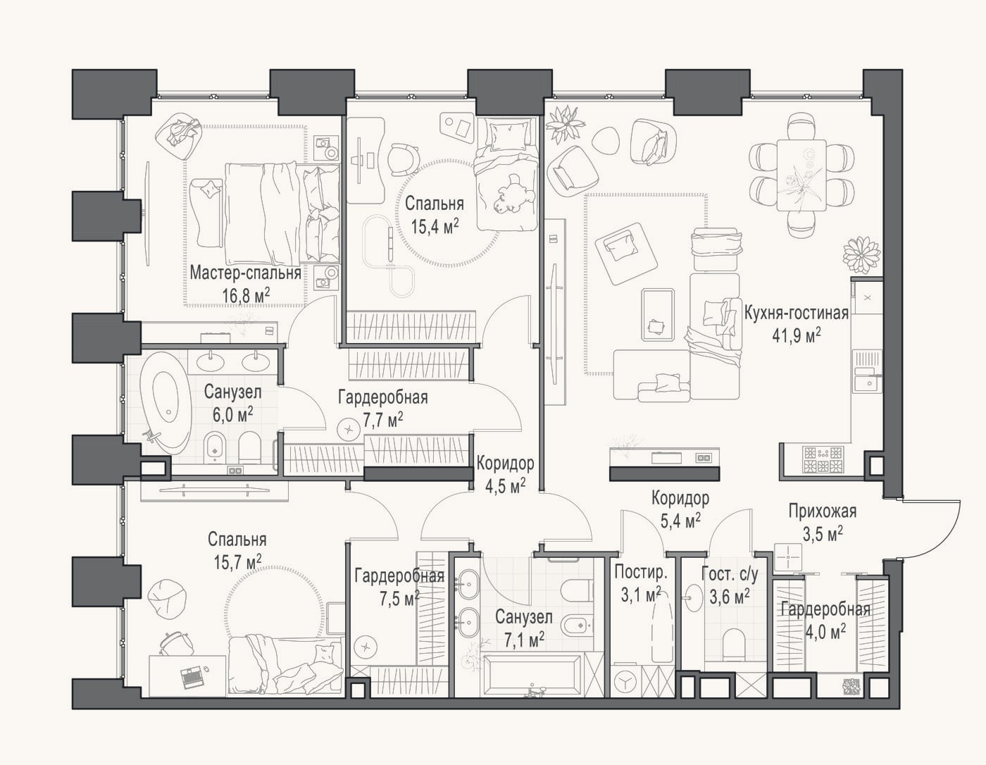 Планировка: 4+ к, 143,5 м²