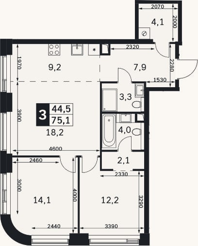 Планировка: 3-к, 75,1 м²