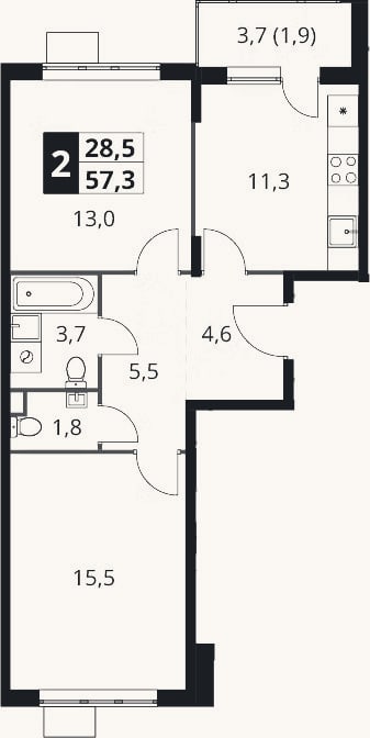 Планировка: 2-к, 55,4 м²