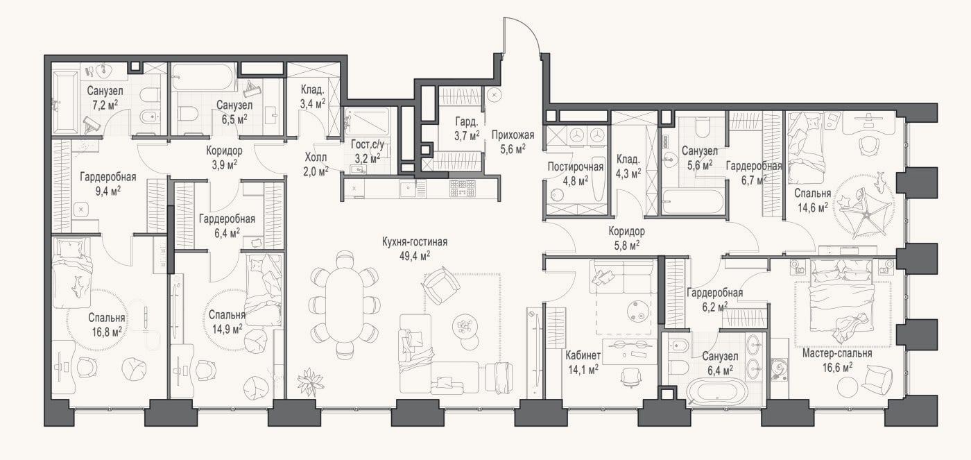 Планировка: 4+ к, 219,4 м²