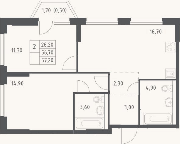 Планировка: 3-к, 56,7 м²