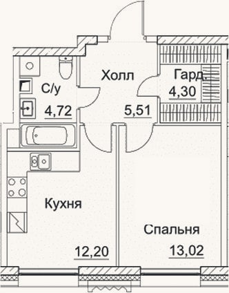 Планировка: 1-к, 39,8 м²
