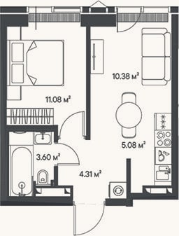Планировка: 2-к, 34,5 м²