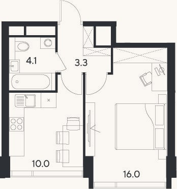 Планировка: 1-к, 33,4 м²