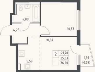 Планировка: 2-к, 35,6 м²