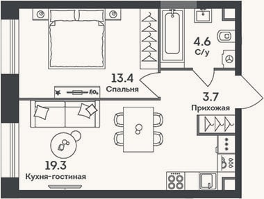 Планировка: 2-к, 41 м²