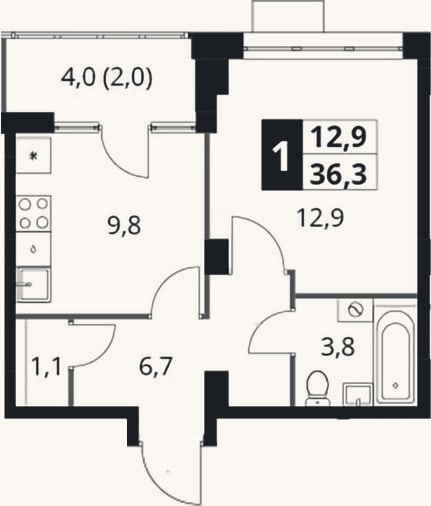 Планировка: 1-к, 34,3 м²